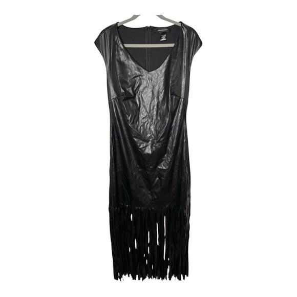 Ashley Stewart Black Faux Leather Fringe Maxi Dress V Neck Size 12 - Picture 1 of 7